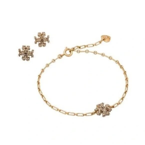 Tory Burch Gold Roxanne Chain Bracelet & Stud Earrings Set - Picture 1 of 9